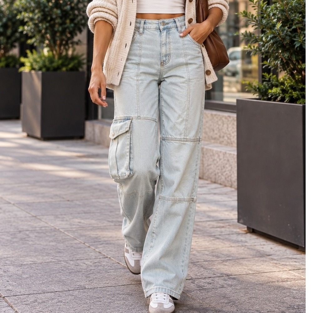 Fashion Nova Light Wash Cargo Utility Jeans D-Ring Straps Womens 13 Grunge Tall